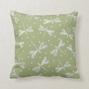 Girly olive green white dots and dragonflies throw pillow