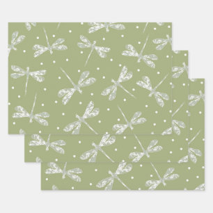 Girly olive green white dots and dragonflies wrapping paper sheets