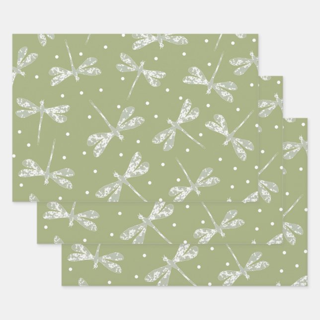 Girly olive green white dots and dragonflies wrapping paper sheets (Set)