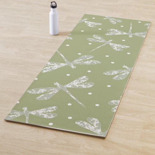 Girly olive green white dots and dragonflies yoga mat