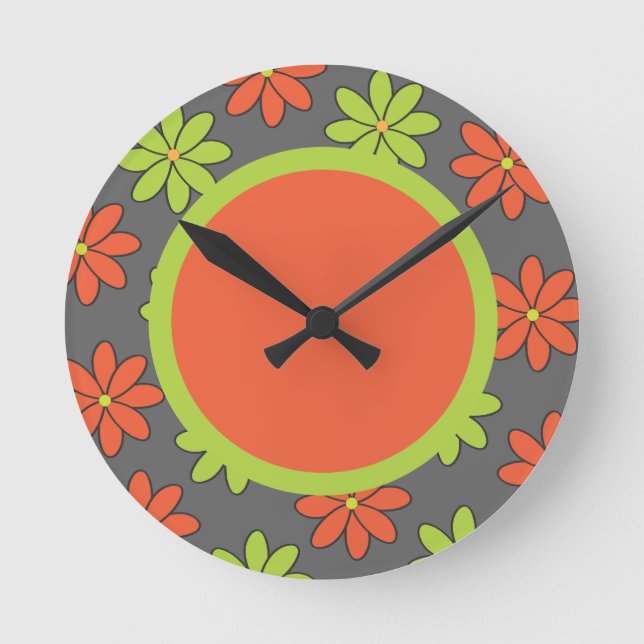 Girly Orange and Lime Flowers Round Clock (Front)