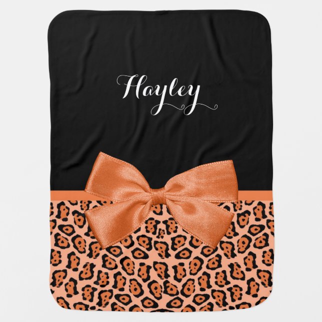 Girly Orange Black Jaguar Cute Ribbon With Name Baby Blanket (Front)