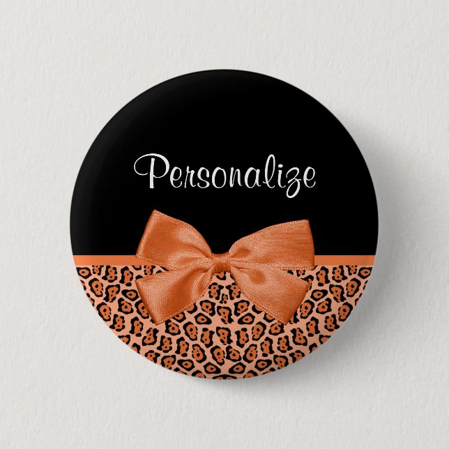 Girly Orange Black Jaguar Cute Ribbon With Name Button (Front)