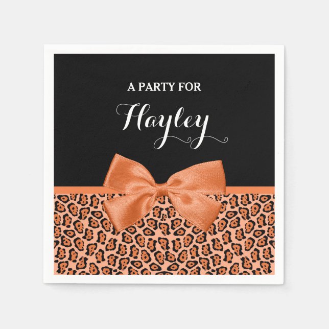 Girly Orange Black Jaguar Cute Ribbon With Name Napkins (Front)