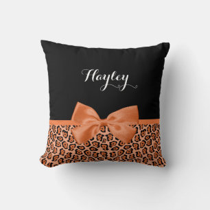 Girly Orange Black Jaguar Cute Ribbon With Name Throw Pillow