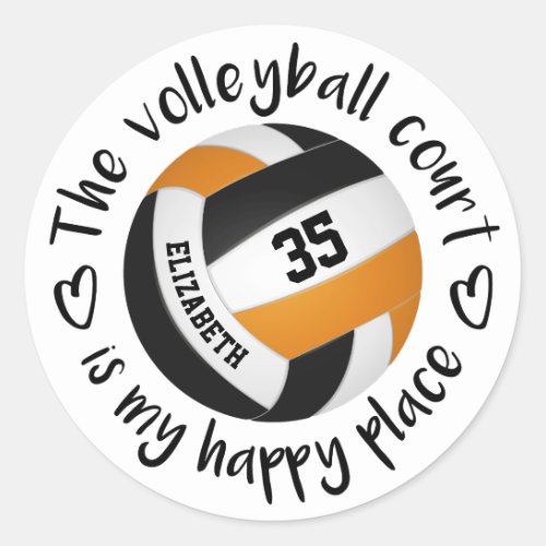 girly orange black volleyball court my happy place classic round sticker