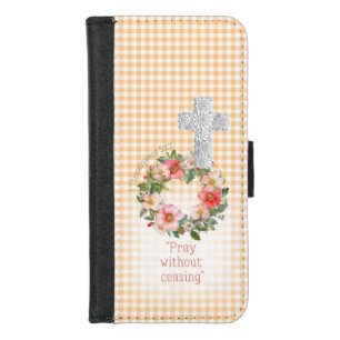 Girly  Orange Check  Rose Wreath Cross Christian iPhone 8/7 Wallet Case