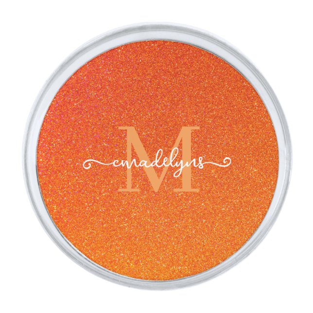 Girly Orange Glitter Sparkles Monogram Script Name Silver Finish Lapel Pin (Front)