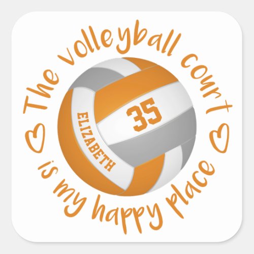girly orange gray volleyball court my happy place square sticker
