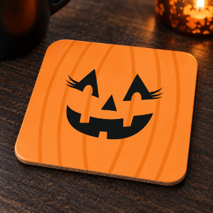 Girly Orange Jack o Lantern Eyelashes Pumpkin Beverage Coaster