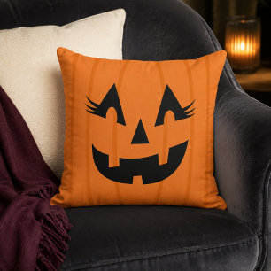 Girly Orange Jack o Lantern Eyelashes Pumpkin Throw Pillow
