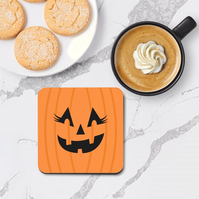 Girly Orange Jack O Lantern Pumpkin Face Halloween Beverage Coaster (Creator Uploaded)