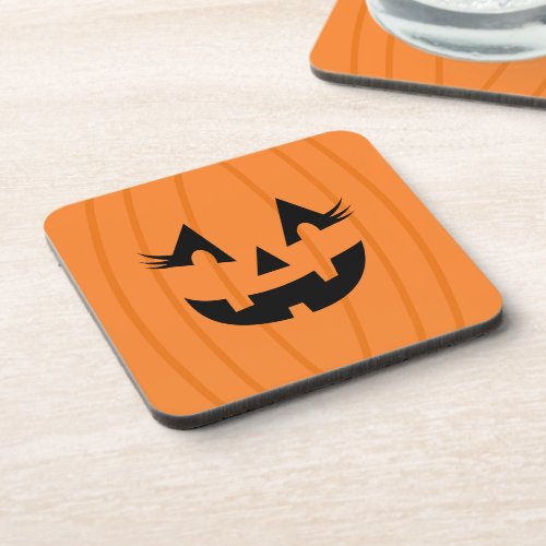 Girly Orange Jack O Lantern Pumpkin Face Halloween Beverage Coaster