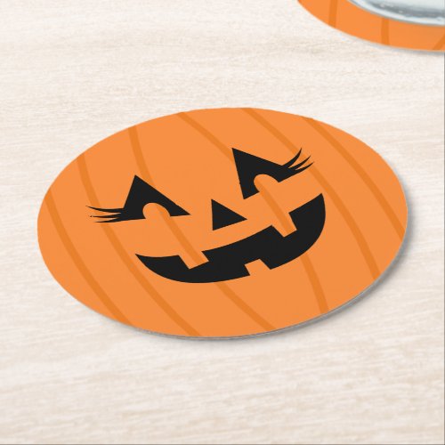Girly Orange Jack O Lantern Pumpkin Face Halloween Round Paper Coaster