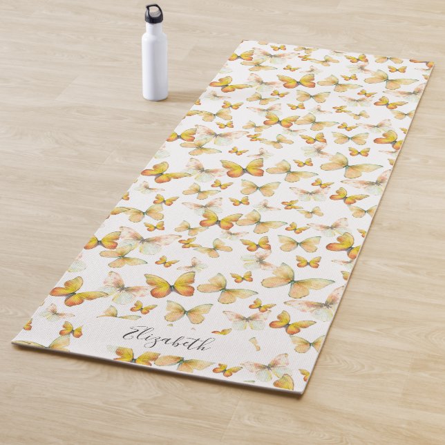 Girly Orange Pastel Butterflies Customized Yoga Mat (In Situ)