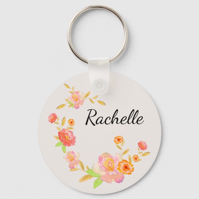 Girly Orange & Pink Floral Monogrammed Keychain (Front)