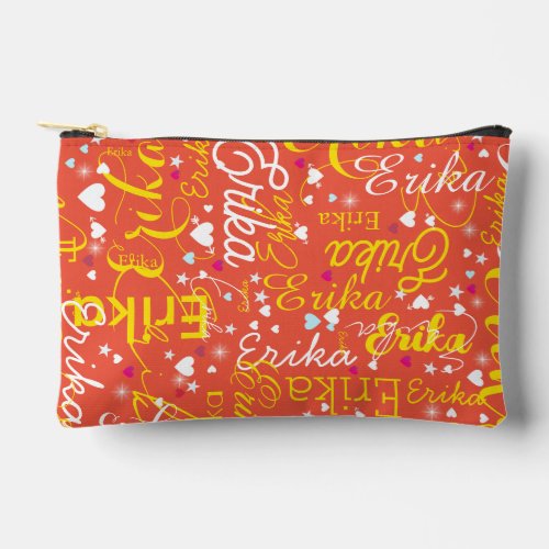 Girly Orange_Red Name Hearts and Stars Accessory Pouch