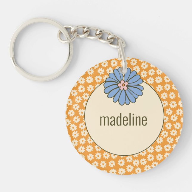 Girly Orange Retro Flower Pattern Keychain (Front)