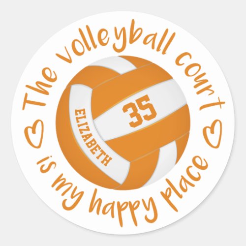 girly orange white volleyball court my happy place classic round sticker