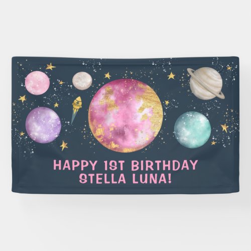 Girly Outer Space Galaxy Moon Stars Happy Birthday Banner