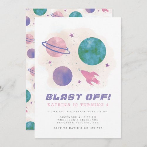 Girly Outer Space Galaxy Planet 4th Birthday Invitation