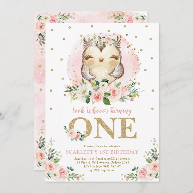 Girly Owl Blush Pink Floral 1st Birthday Party Invitation (Front/Back)