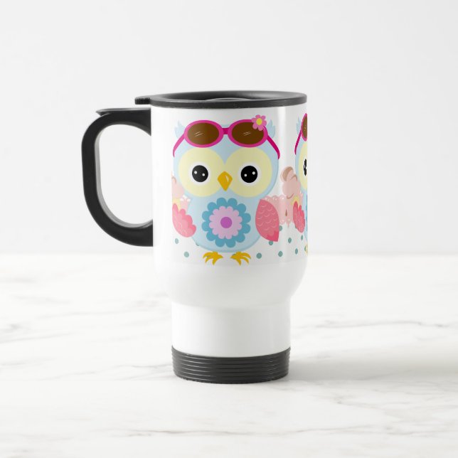 Girly Owl with Pastel Colors Travel Mug (Left)