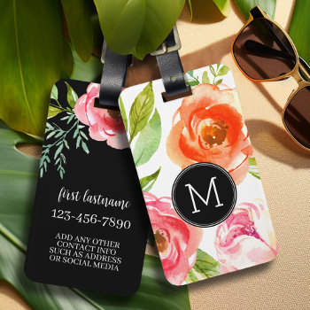 Girly Painted Watercolor Flowers Custom Monogram Luggage Tag by icases at Zazzle