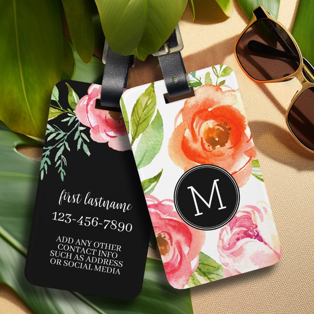 Girly Painted Watercolor Flowers Custom Monogram Luggage Tag (Personalized luggage tag with monogram)