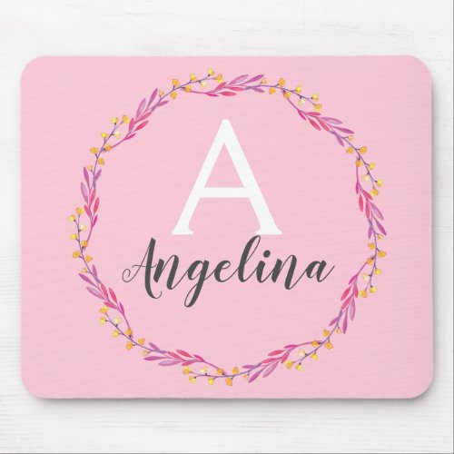 Girly Pale Blush Pink Floral Wreath Monogram Name Mouse Pad