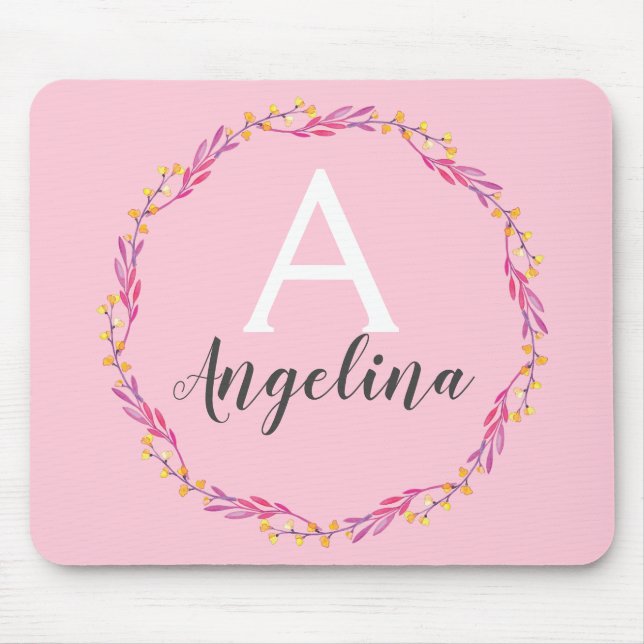 Girly Pale Blush Pink Floral Wreath Monogram Name Mouse Pad (Front)