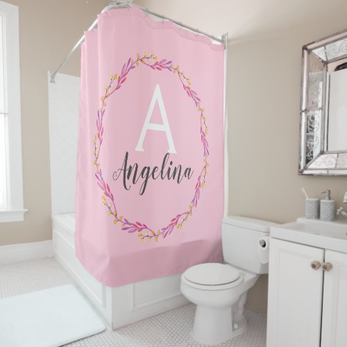 Girly Pale Blush Pink Floral Wreath Monogram Name Shower Curtain