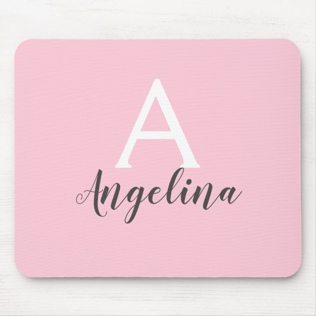 Girly Pale Blush Pink White & Gray Monogram Name Mouse Pad (Front)
