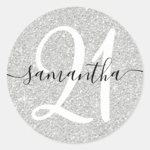 Girly Pale Faux Silver Glitter Personalized 21 Classic Round Sticker