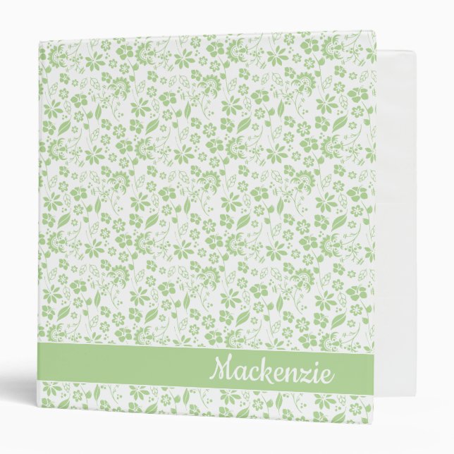 Girly Pale Lime Green Tropical Flowers 3 Ring Binder (Front/Inside)