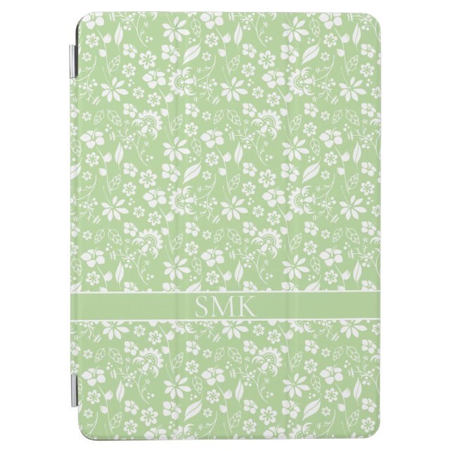 Girly Pale Lime Green Tropical Flowers Monogram iPad Air Cover (Front)