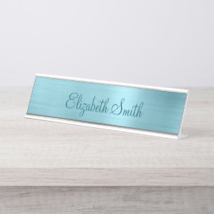 Girly Pale Robin Egg Blue Metallic Foil Desk Name Plate