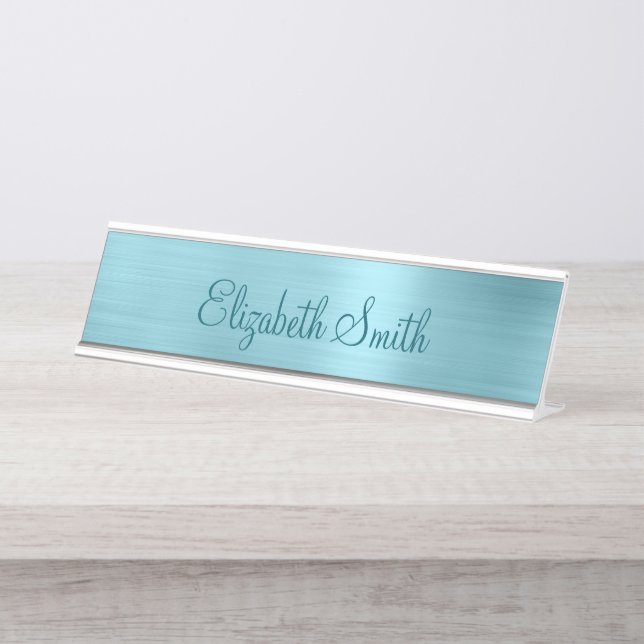 Girly Pale Robin Egg Blue Metallic Foil Desk Name Plate (Front)