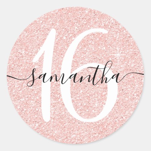 Girly Pale Rose Gold Faux Glitter Personalized 16 Classic Round Sticker