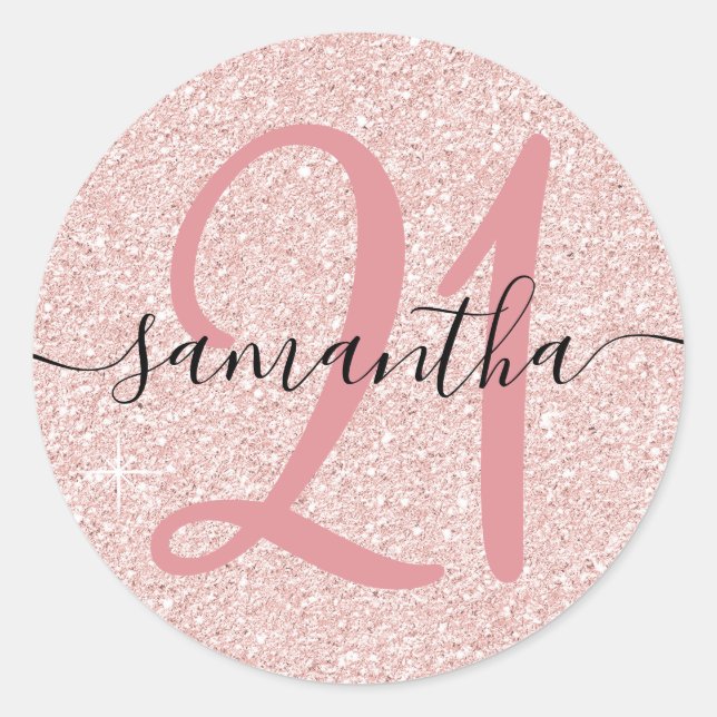 Girly Pale Rose Gold Faux Glitter Personalized 21 Classic Round Sticker (Front)