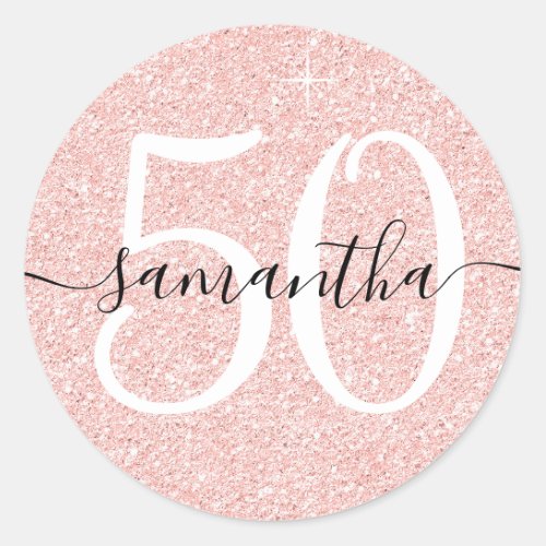 Girly Pale Rose Gold Faux Glitter Personalized 50 Classic Round Sticker