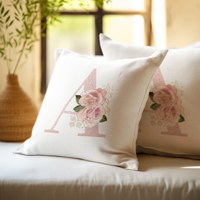 Girly Pale Rose Gold Glitter Floral A Monogram Throw Pillow (Girly Pale Rose Gold Glitter Floral A Monogram Throw Pillow)