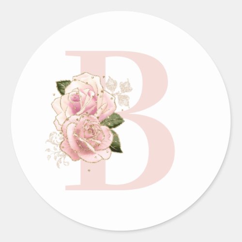 Girly Pale Rose Gold Glitter Floral Blush Monogram Classic Round Sticker
