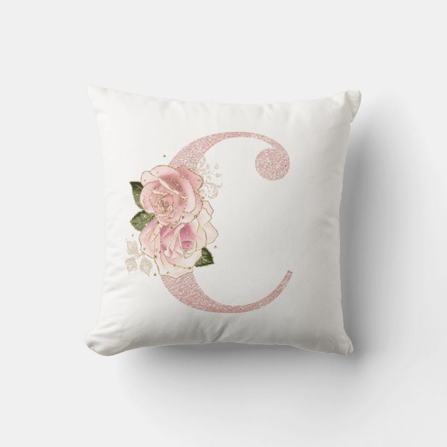 Girly Pale Rose Gold Glitter Floral C Monogram Throw Pillow (Front)