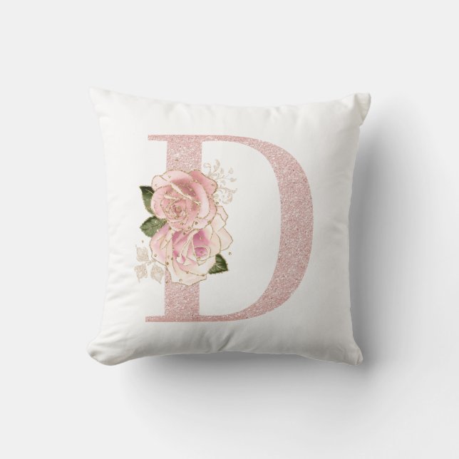 Girly Pale Rose Gold Glitter Floral D Monogram Throw Pillow (Front)