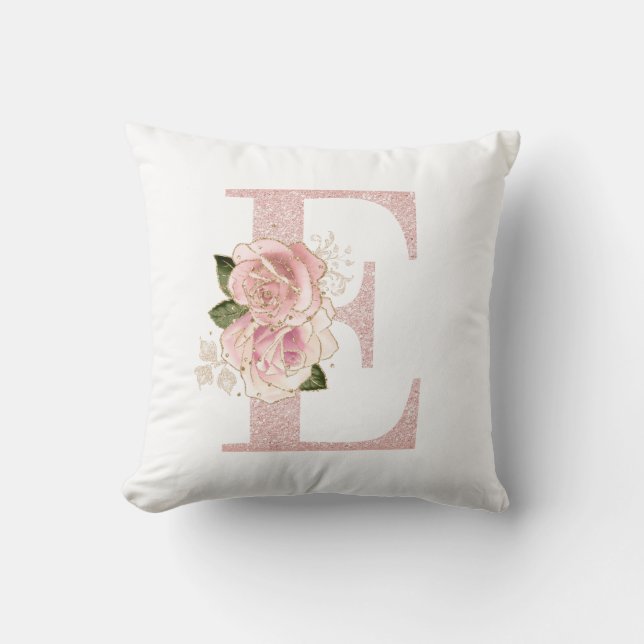 Girly Pale Rose Gold Glitter Floral E Monogram Throw Pillow (Front)