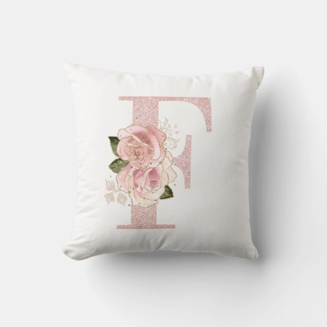 Girly Pale Rose Gold Glitter Floral F Monogram Throw Pillow (Front)