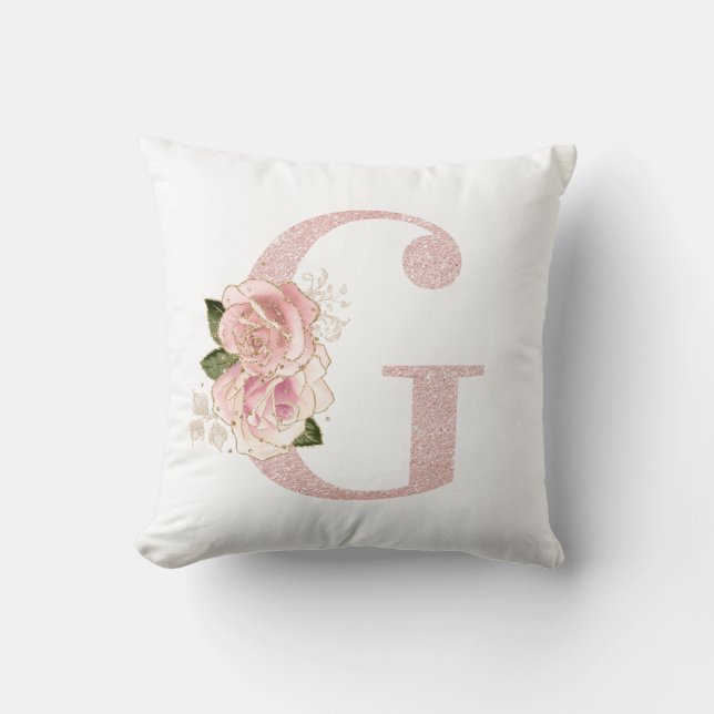 Girly Pale Rose Gold Glitter Floral G Monogram Throw Pillow (Front)