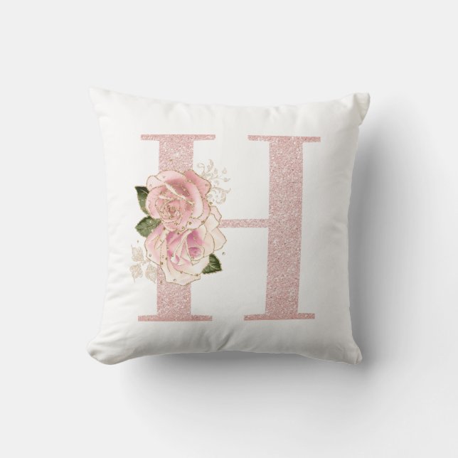 Girly Pale Rose Gold Glitter Floral H Monogram Throw Pillow (Front)