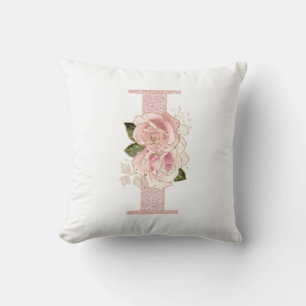 Girly Pale Rose Gold Glitter Floral I Monogram Throw Pillow